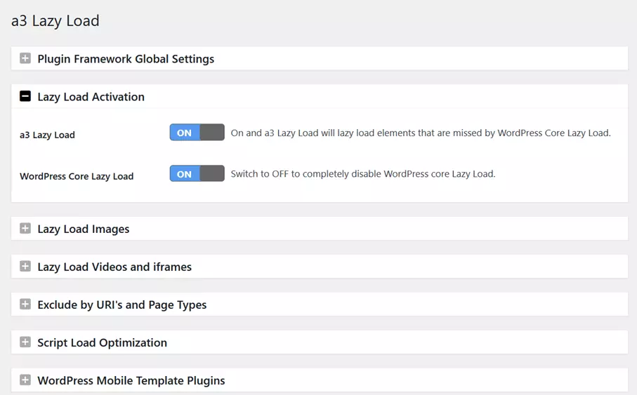 Image: Different options in the a3 Lazy Load plugin