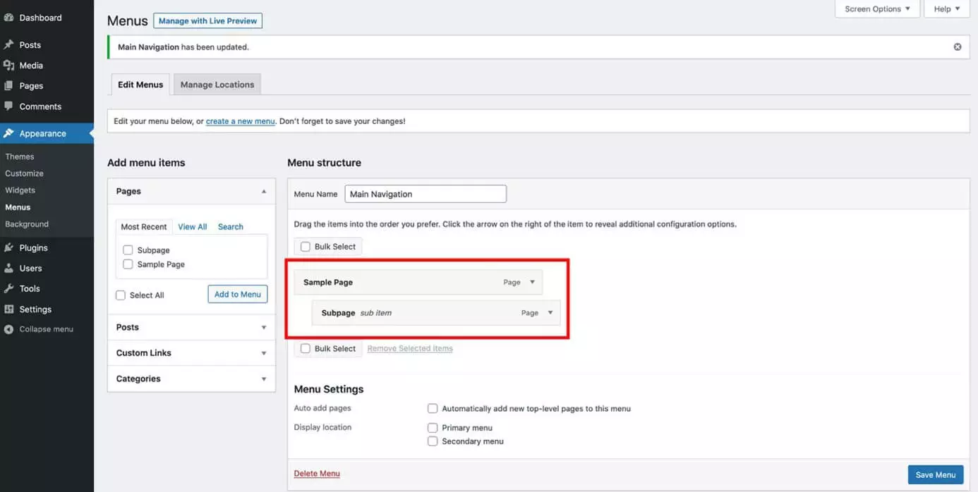 Imagen: Crear un menú WordPress en el área de administración