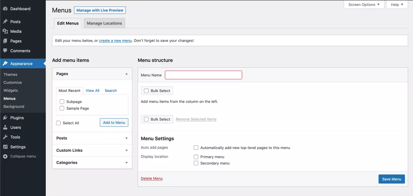 Imagen: Crear un nuevo menú en el backend de WordPress